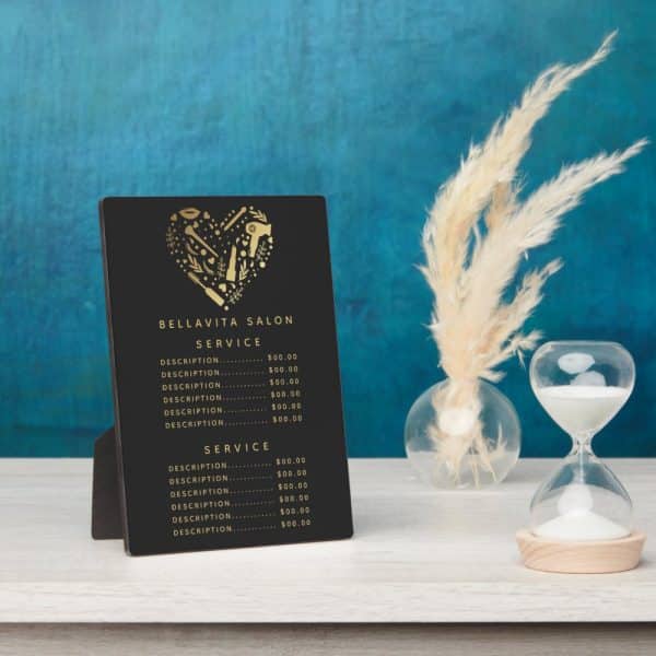 Black Salon Price List With Gold Heart Logo And Service Descriptions.