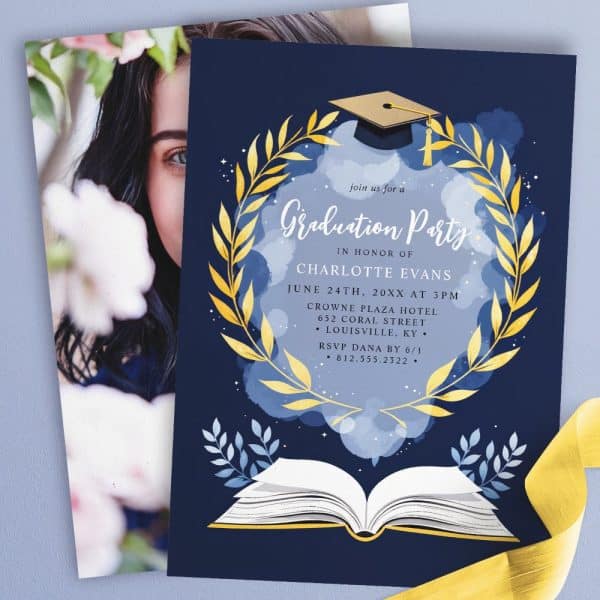 Graduation Party Invitation For Charlotte Evans, Featuring A Navy Blue Background, Gold Laurel Wreath, And Open Book.