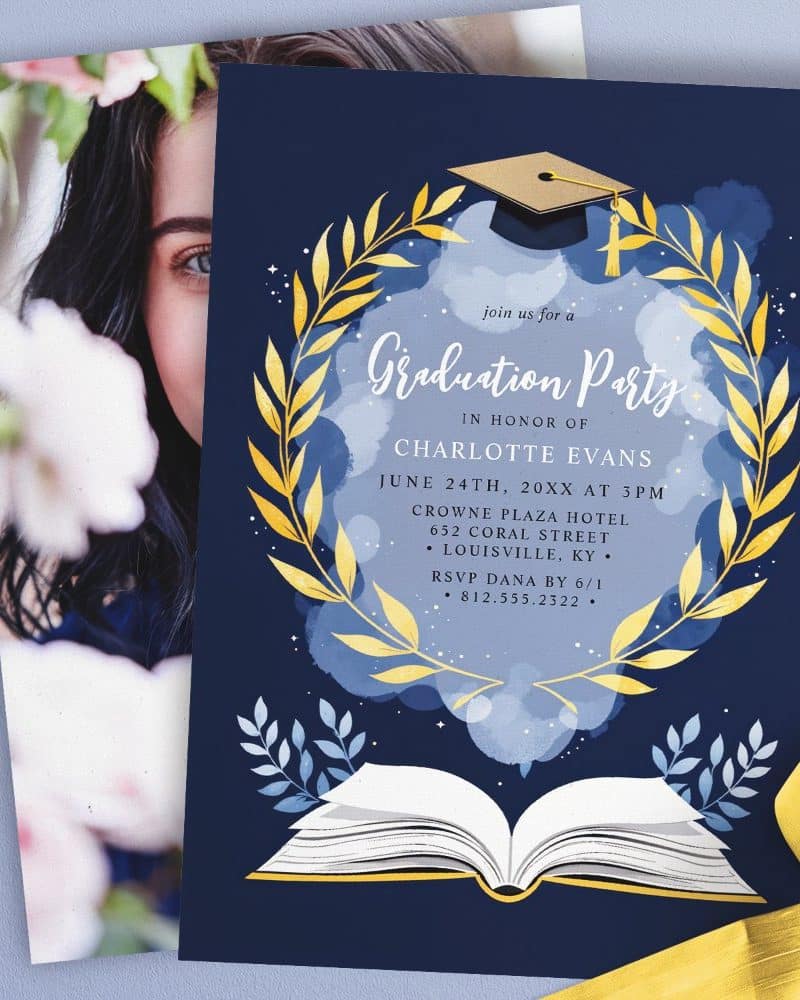 Graduation party invitation for Charlotte Evans, featuring a navy blue background, gold laurel wreath, and open book.