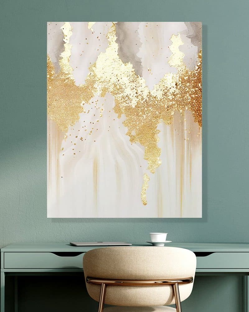 Abstract art print featuring gold glitter and metallic accents on a creamy white background.