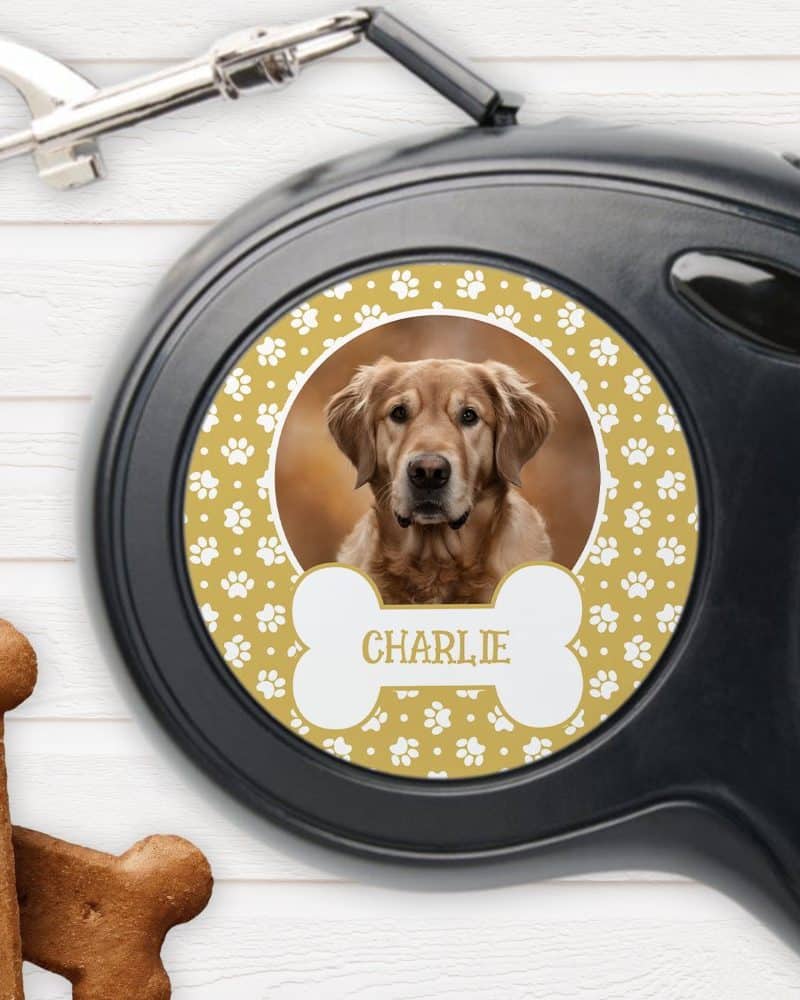 Retractable dog leash with a personalized circular design featuring a golden retriever photo, paw prints, a bone-shaped name tag reading Charlie, and a mustard yellow background.