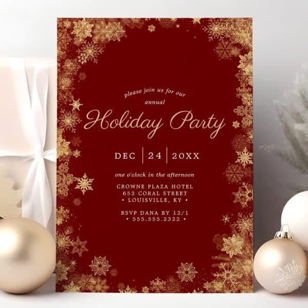 A Dark Red Holiday Party Invitation With Gold Snowflakes.