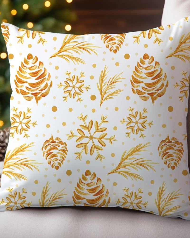 White throw pillow with a gold pine cone and snowflake pattern.