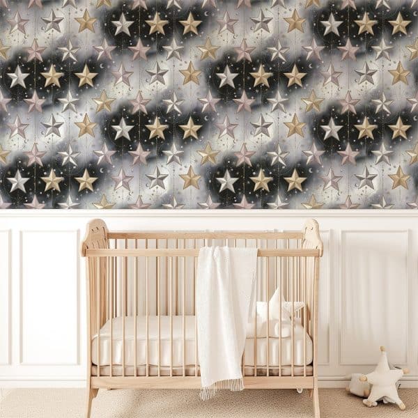 A Crib Sits In Front Of A Wall Covered In A Celestial-Themed Wallpaper Featuring Gold, Pink, And Silver Stars On A Dark Background.