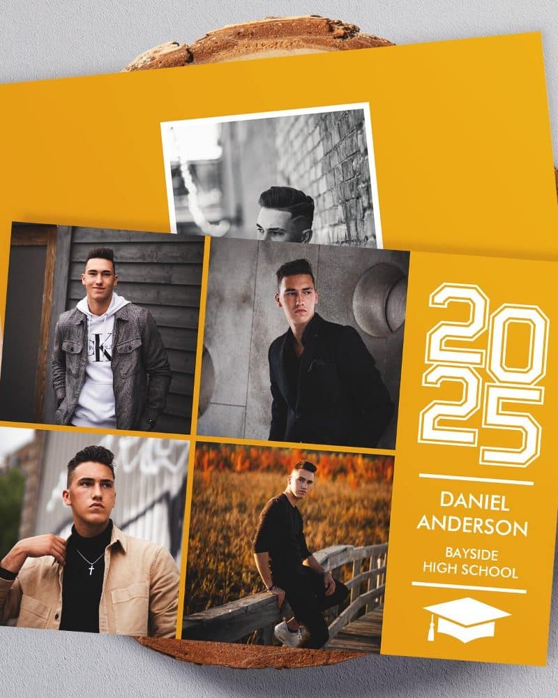 Graduation announcement for Daniel Anderson, Bayside High School, class of 2025, featuring four photos of the graduate.