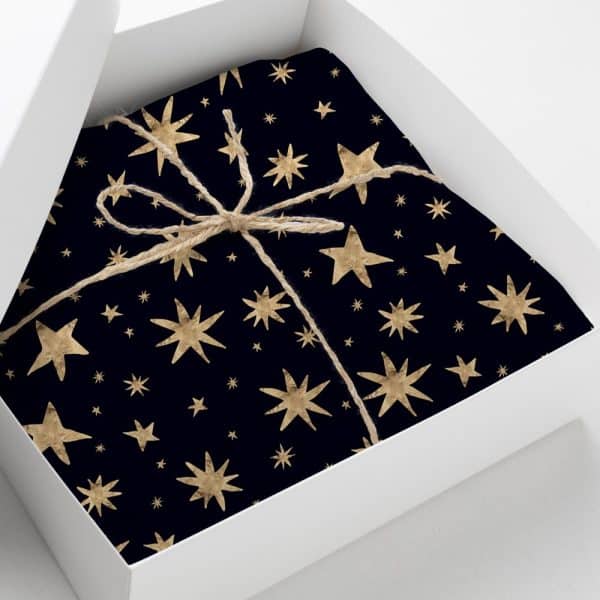 A Gift Wrapped In Dark Blue Paper With A Gold Star Pattern, Tied With Twine.