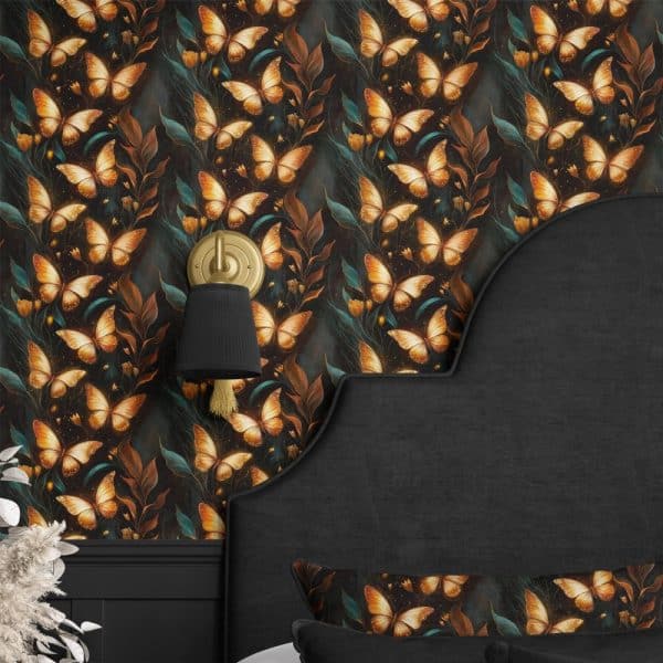 Dark Wallpaper Featuring A Repeating Pattern Of Glowing Orange Butterflies And Dark Foliage.