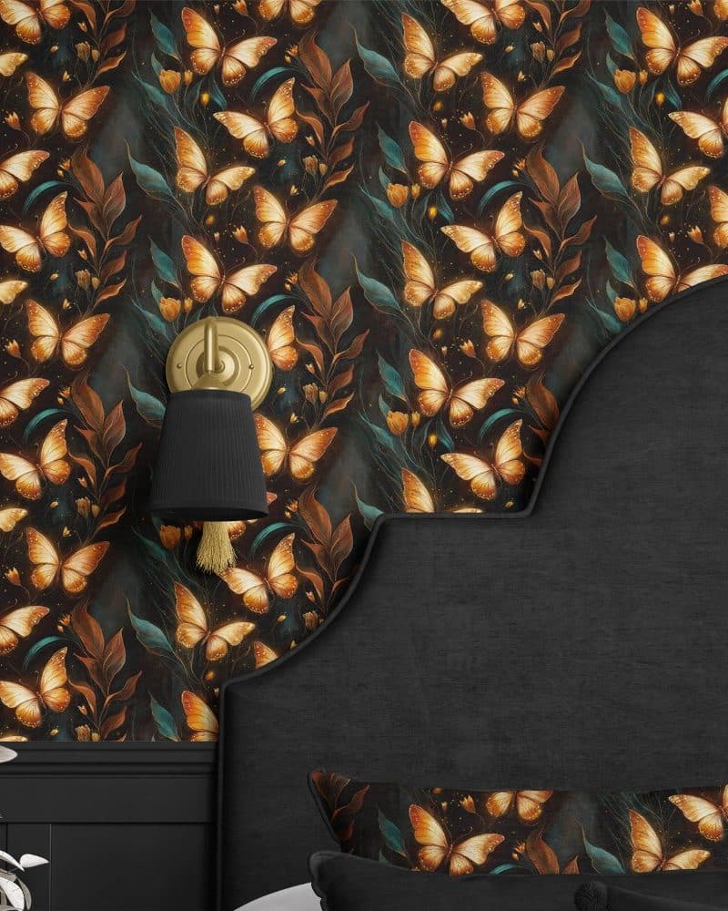 Dark wallpaper featuring a repeating pattern of glowing orange butterflies and dark foliage.