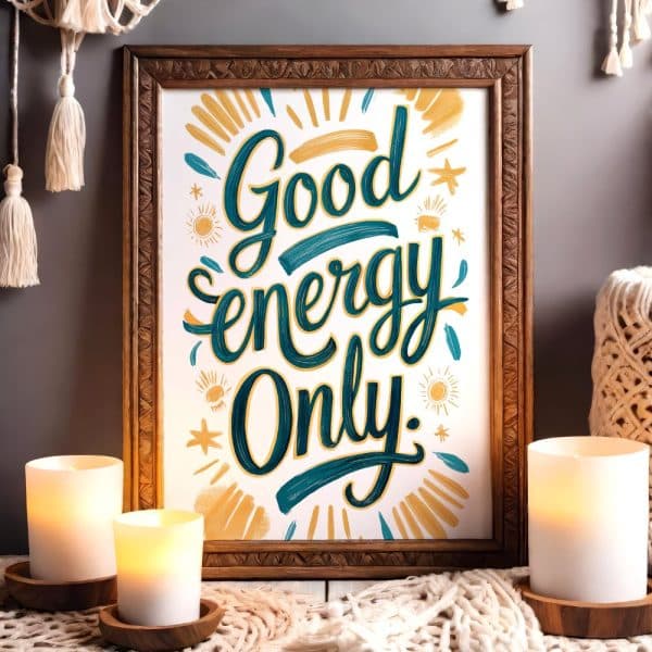 A Framed Print With Hand-Lettered Text Reading Good Energy Only In Teal And Gold.