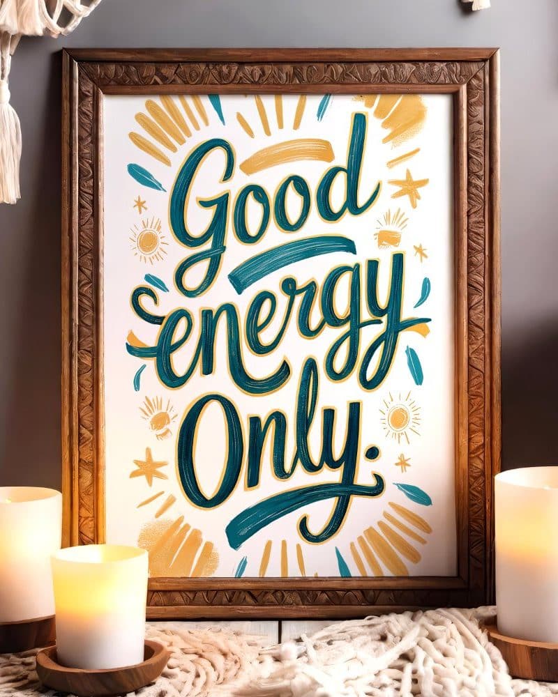A framed print with hand-lettered text reading Good Energy Only in teal and gold.