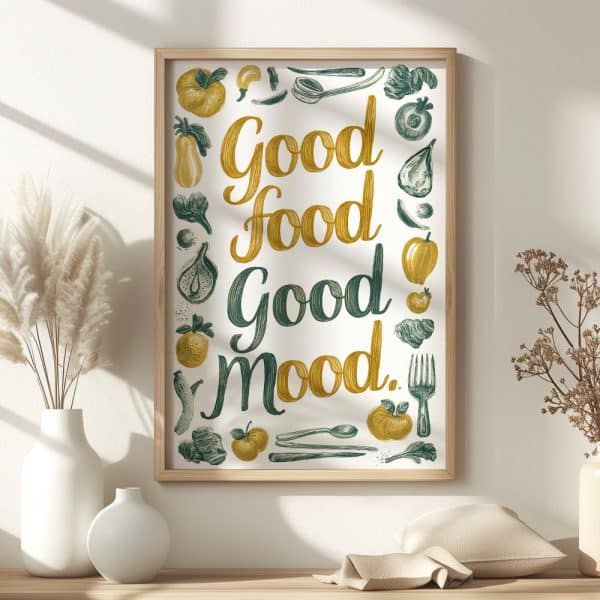 Framed Print With The Text Good Food Good Mood Surrounded By Illustrations Of Various Foods.