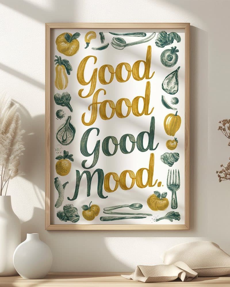 Framed print with the text Good food Good mood surrounded by illustrations of various foods.