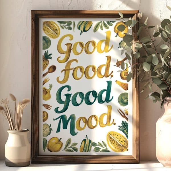 Framed Print With The Text Good Food, Good Mood In Gold And Teal Lettering Surrounded By Illustrations Of Various Fruits And Vegetables.