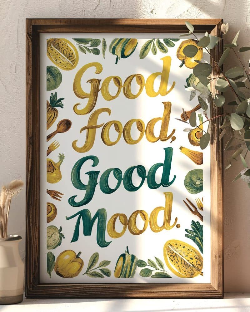 Framed print with the text Good Food, Good Mood in gold and teal lettering surrounded by illustrations of various fruits and vegetables.
