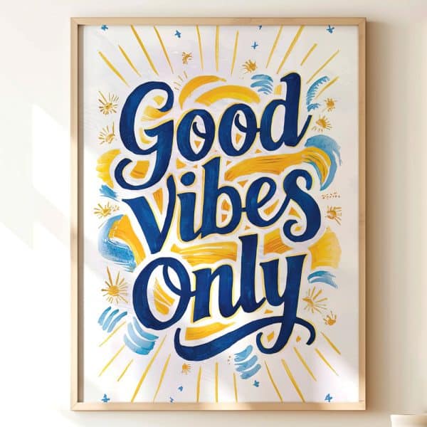 Framed Print With The Hand-Lettered Words Good Vibes Only In Blue And Yellow.