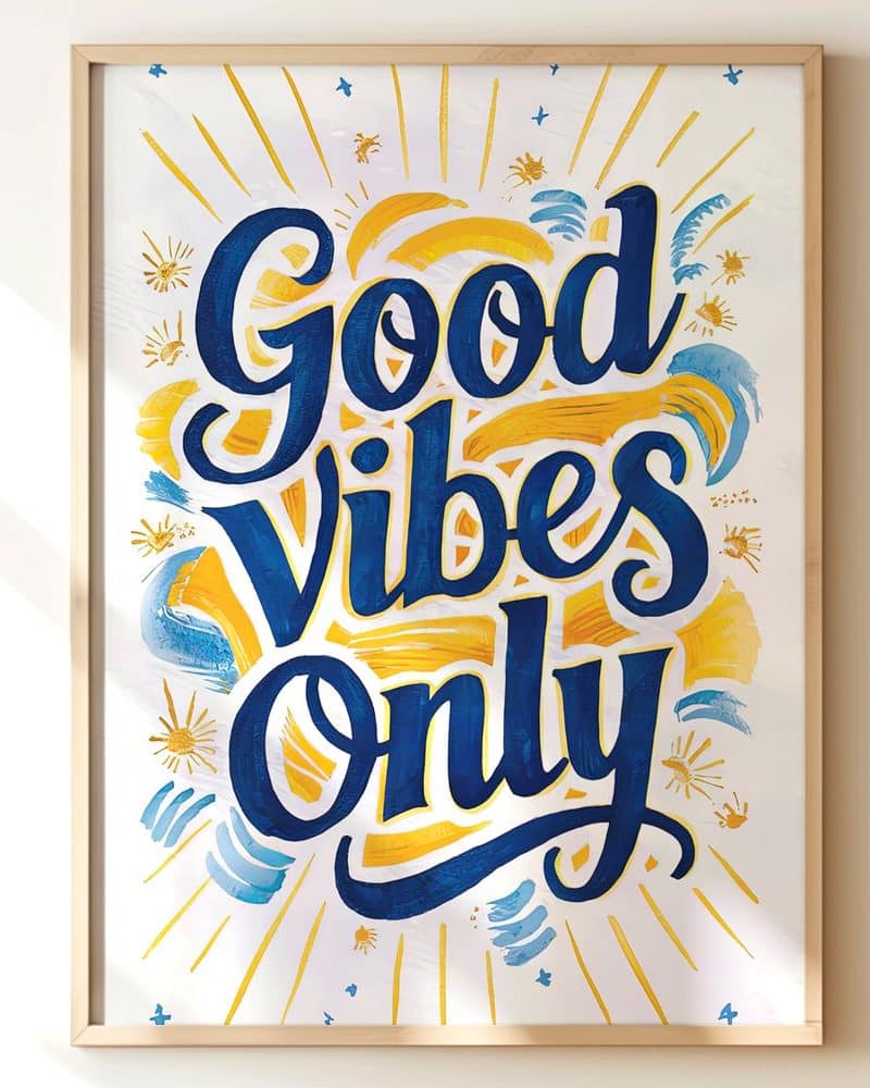 Framed print with the hand-lettered words Good Vibes Only in blue and yellow.