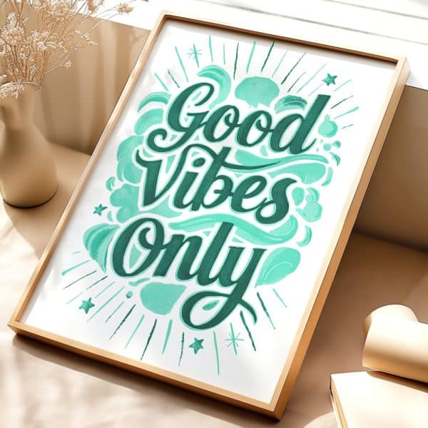 Framed Print With Teal Lettering That Says Good Vibes Only.