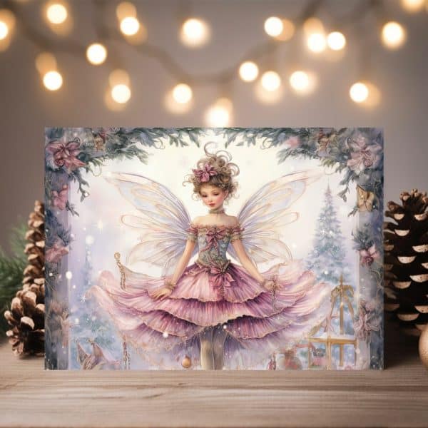 A Fairy In A Pink Dress With Large Wings Stands In A Winter Scene.