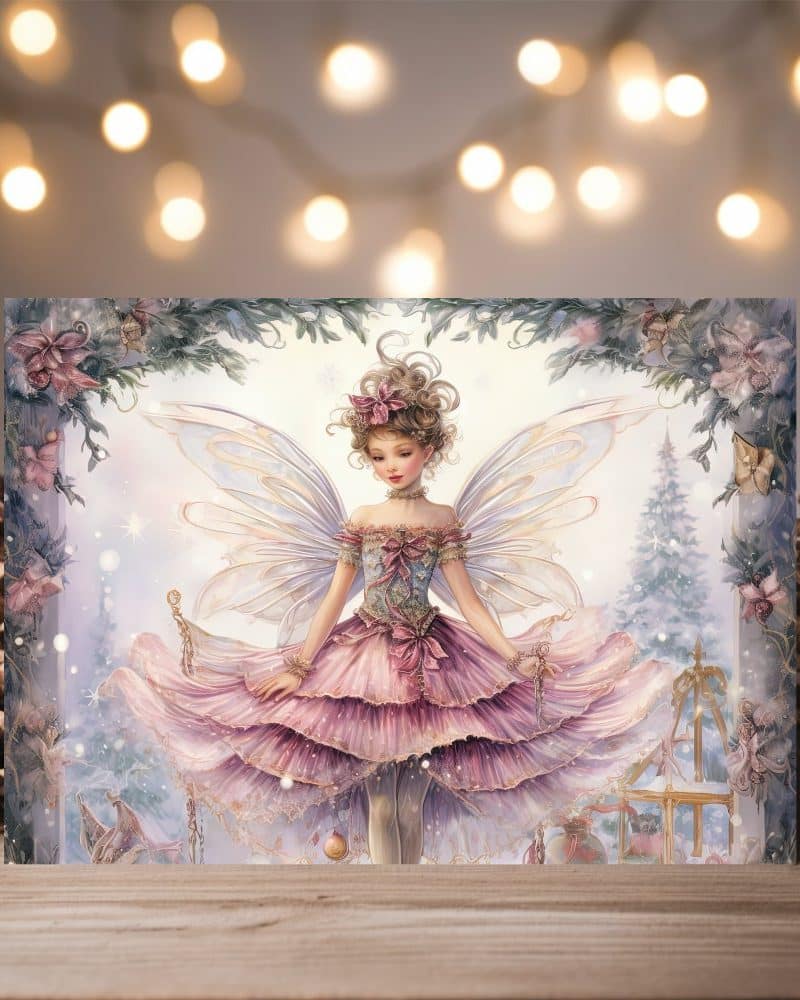 A fairy in a pink dress with large wings stands in a winter scene.