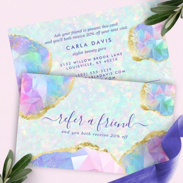 Referral Card For Carla Davis, Stylist, Featuring Pastel Gemstone Design.