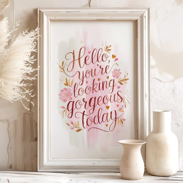 Framed Print With The Text Hello, You'Re Looking Gorgeous Today, Decorated With Pink Flowers And Gold Accents.