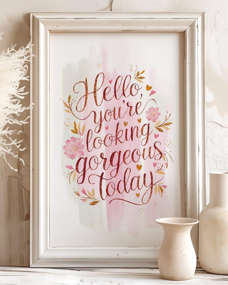 Framed print with the text Hello, you're looking gorgeous today, decorated with pink flowers and gold accents.