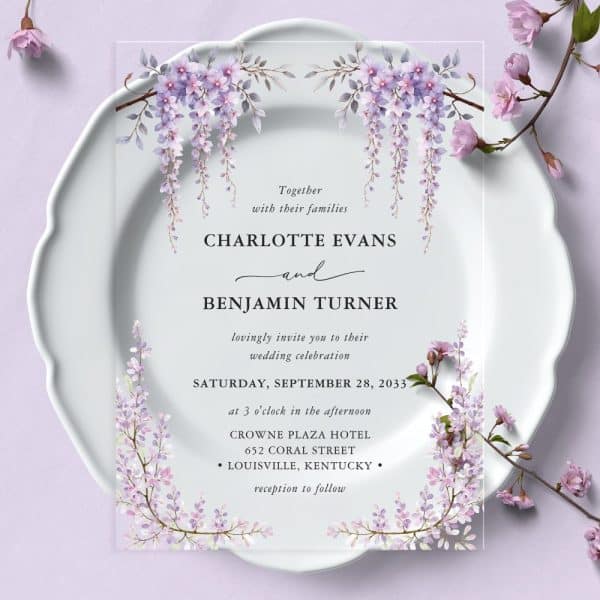 Wedding Invitation For Charlotte Evans And Benjamin Turner, Featuring Watercolor Wisteria Flowers.