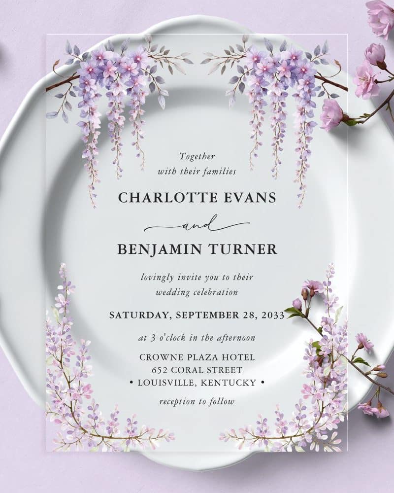 Wedding invitation for Charlotte Evans and Benjamin Turner, featuring watercolor wisteria flowers.