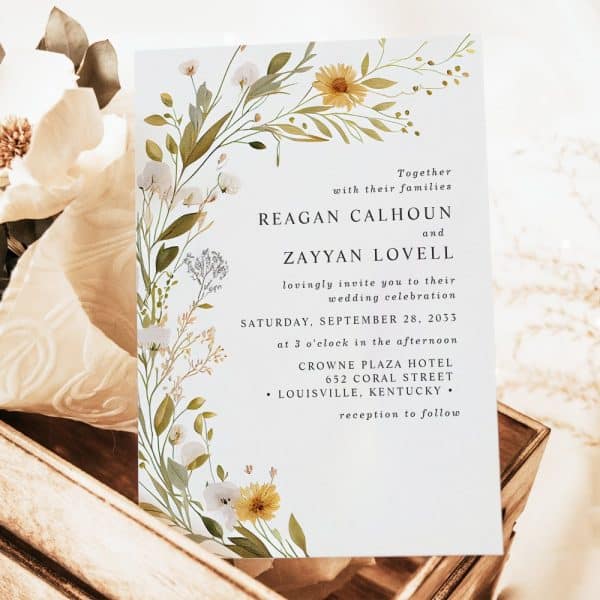 Wedding Invitation With Floral Border, Announcing The Marriage Of Reagan Calhoun And Zayyan Lovell On September 28, 2033, At The Crowne Plaza Hotel In Louisville, Kentucky.
