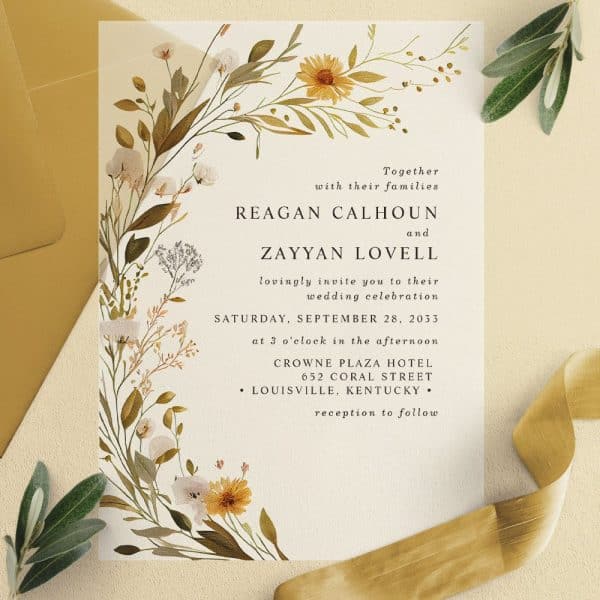 Wedding Invitation With Autumnal Floral Border, Announcing The Marriage Of Reagan Calhoun And Zayyan Lovell.