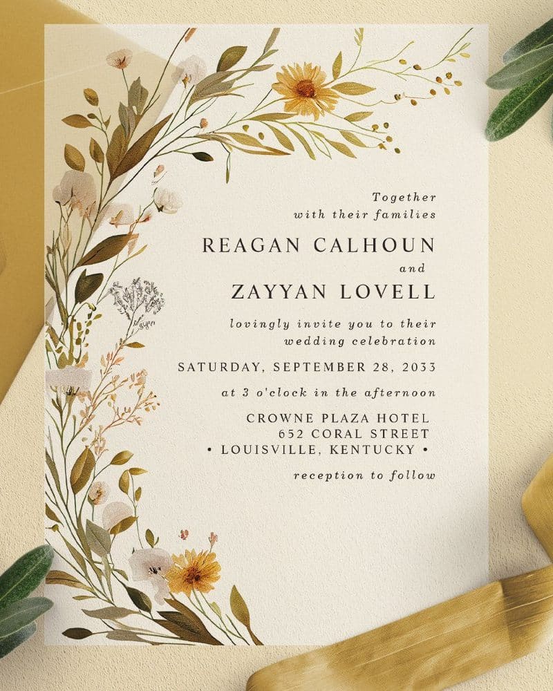 Wedding invitation with autumnal floral border, announcing the marriage of Reagan Calhoun and Zayyan Lovell.