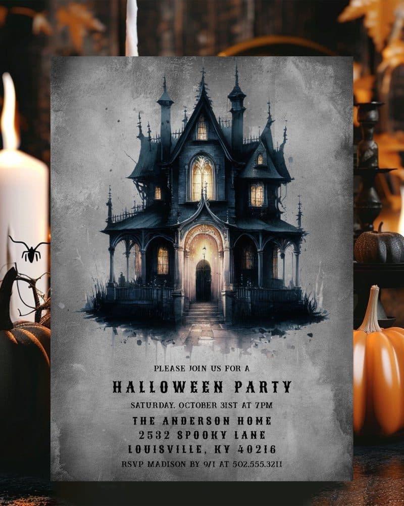 Halloween party invitation featuring an illustration of a spooky, gothic-style house.