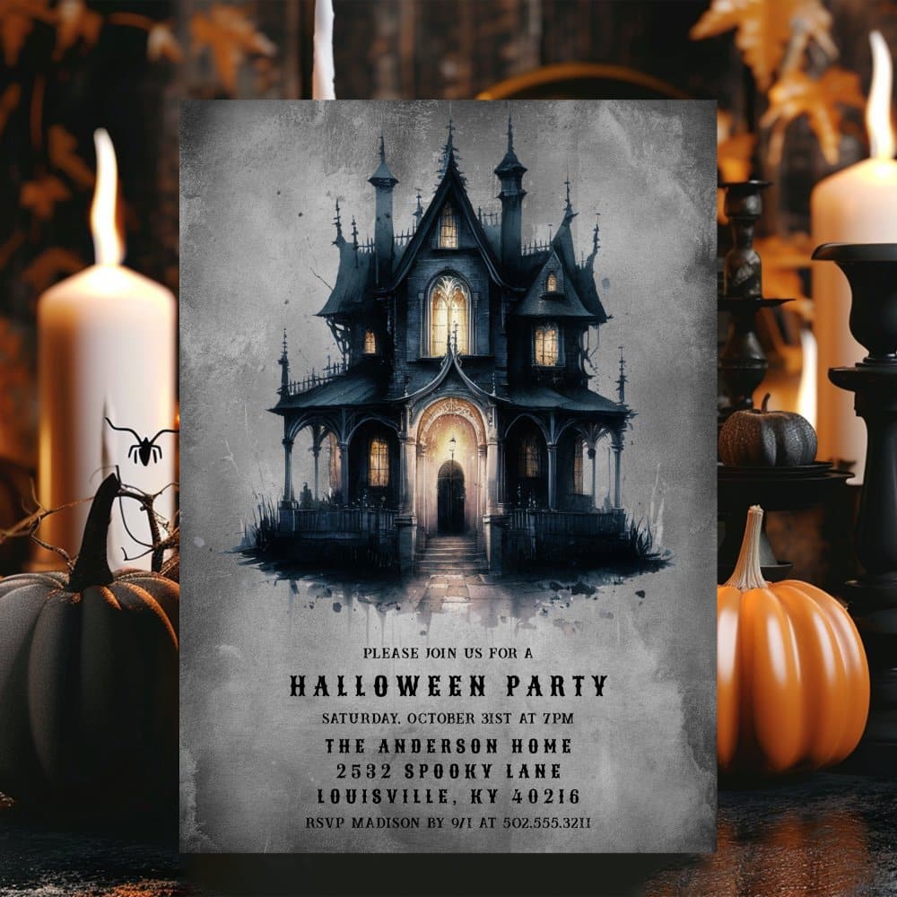 Gothic Victorian Halloween Party | Halloween Party Invitation Featuring An Illustration Of A Spooky, Gothic-Style House.