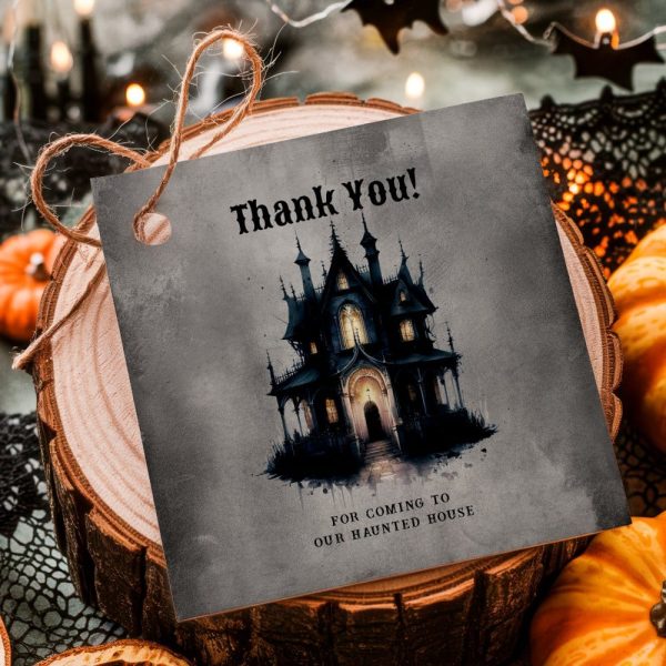 Gray Thank You Tag With Illustration Of Dark, Gothic Haunted House.