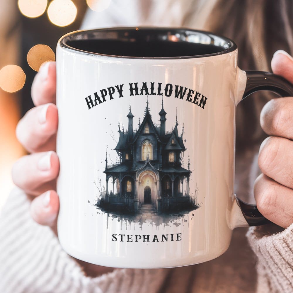 Gothic Victorian Halloween Party | A White Halloween Mug With A Black Handle, Featuring A Spooky House Illustration And Personalized Name, Stephanie.