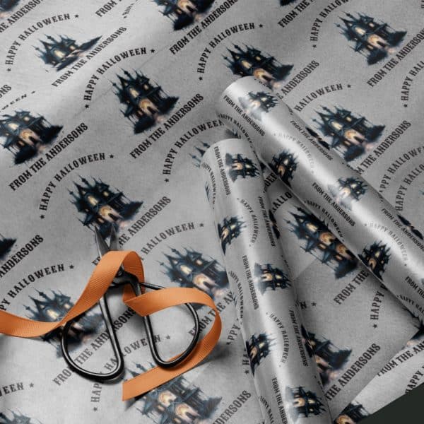 Halloween Gift Wrap Featuring A Haunted House Illustration And Personalized Text.