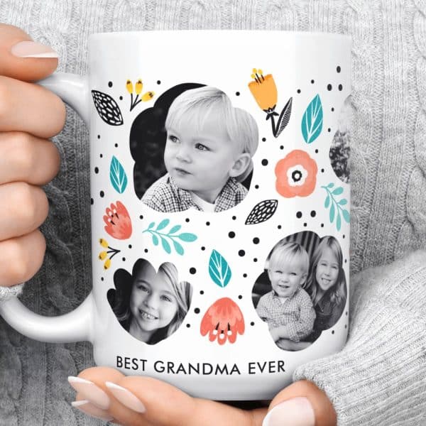 White Coffee Mug With Photos Of Grandchildren And The Text Best Grandma Ever.