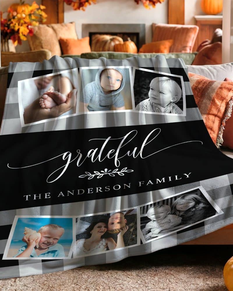 A gray and black buffalo plaid fleece blanket featuring family photos and the text Grateful, The Anderson Family.