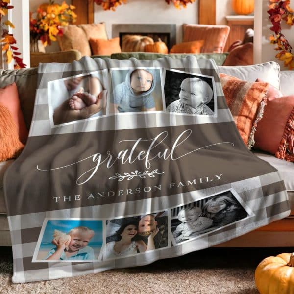 Brown And White Plaid Throw Blanket With Family Photos And The Text Grateful, The Anderson Family.