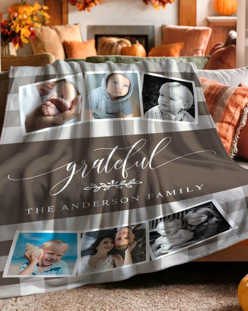 Brown and white plaid throw blanket with family photos and the text Grateful, The Anderson Family.
