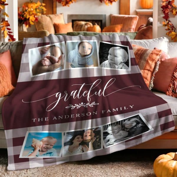 Burgundy And Gray Plaid Throw Blanket With Family Photos And The Text Grateful, The Anderson Family.