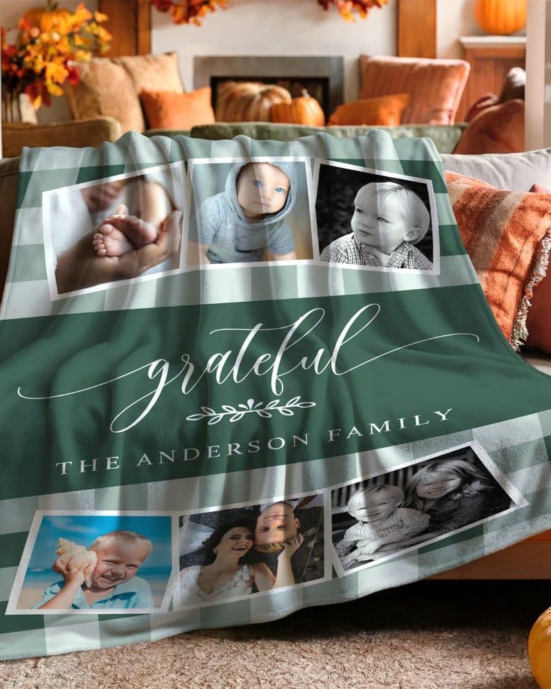 Green and white plaid fleece blanket with family photos and the words Grateful, The Anderson Family.