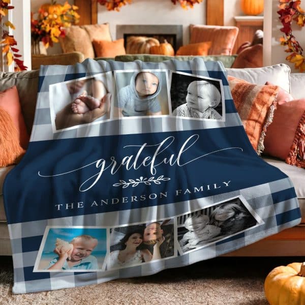 Navy Blue And Gray Plaid Throw Blanket With Family Photos And The Text Grateful, The Anderson Family.