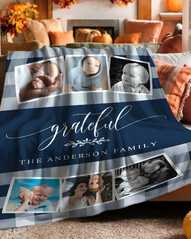 Navy blue and gray plaid throw blanket with family photos and the text Grateful, The Anderson Family.