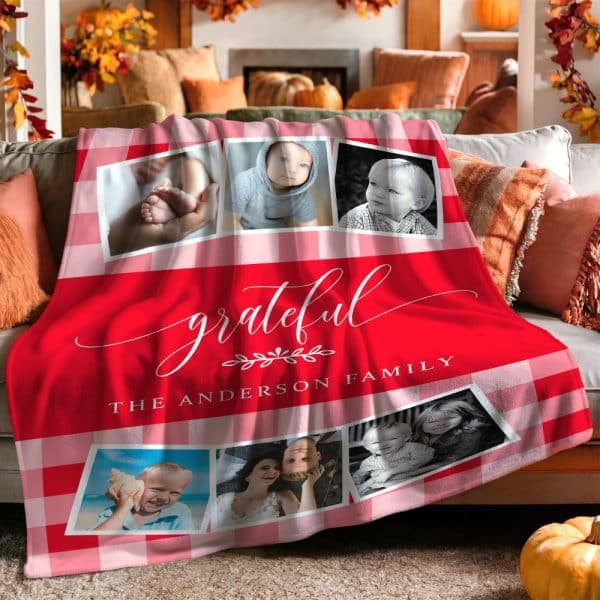 Red And Pink Gingham Family Photo Blanket With The Word Grateful And The Anderson Family Name.