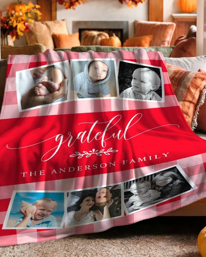 Red and pink gingham family photo blanket with the word grateful and the Anderson family name.