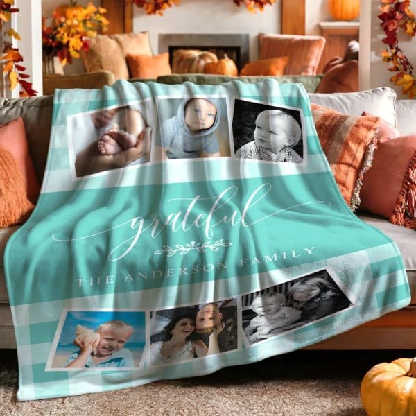 Teal And White Checkered Throw Blanket With Family Photos And The Words Grateful, The Anderson Family.