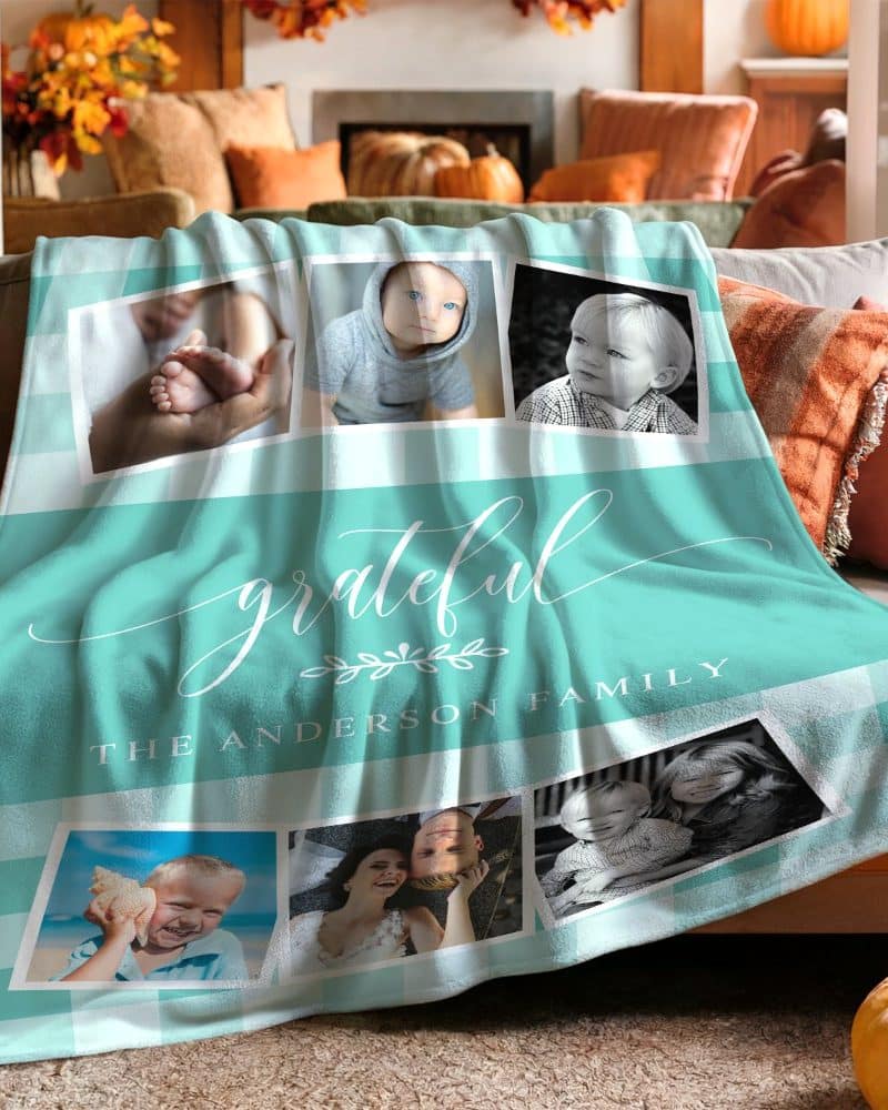 Teal and white checkered throw blanket with family photos and the words Grateful, The Anderson Family.