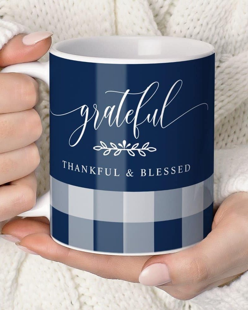 Hands holding a navy blue and gray gingham mug that says grateful, thankful & blessed.