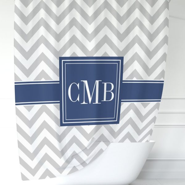Gray And White Chevron Patterned Shower Curtain With Navy Blue Monogram Cmb.